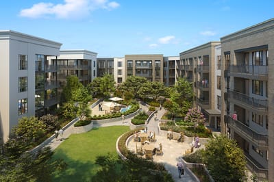 Aerial view of a beautifully landscaped courtyard at Wisteria at Warner Center