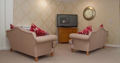 Comfortable seating area with decorative pillows and a clock.