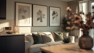 Stylish interior living room with framed botanical art
