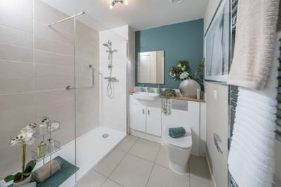 Modern bathroom with walk-in shower and plants