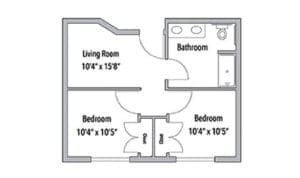 Architectural floor plan of a two-bedroom unit