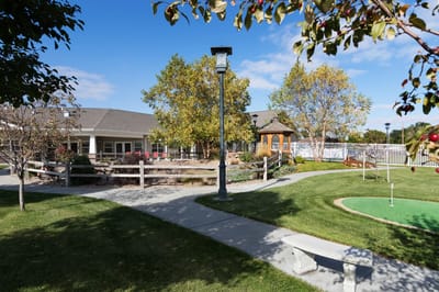 Outdoor space with landscaped gardens and walkways