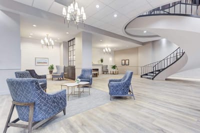 Spacious lobby area with comfortable seating