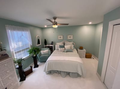 Cozy bedroom with light blue walls and plant decor