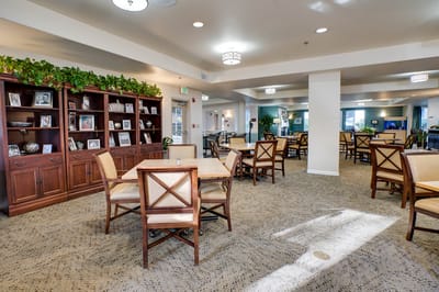 Bright common area with seating and decorations
