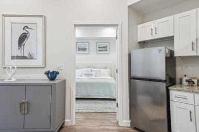 Interior view of a comfortable bedroom in a facility