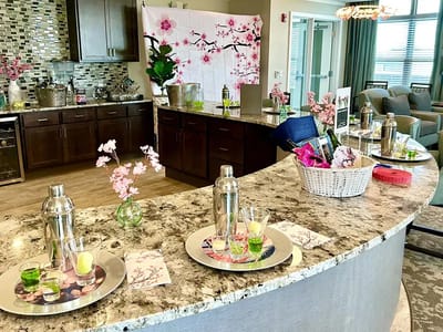 Bright and inviting common area with floral decor