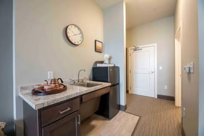 Interior view of a kitchenette in a resident's suite
