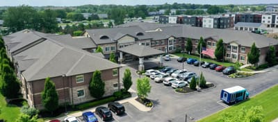 Aerial view of Hilliard Assisted Living and Memory Care with parking