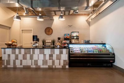 Bright café area with drinks and snack options