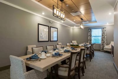 Dining room set up for a meal with elegant decor