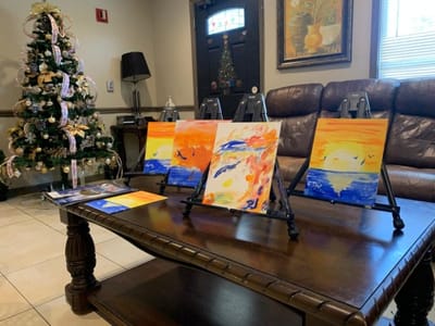 Art display in a cozy common area during holiday season