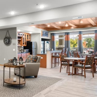 Bright and inviting common area in a senior living facility