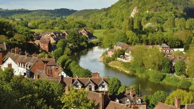 Aerial view of a picturesque riverside community