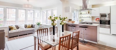 Bright and modern interior of a living space with dining area