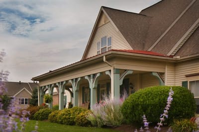 Welcoming outdoor space with landscaping near the entrance