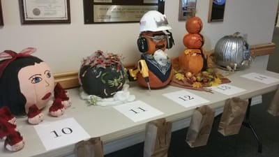 Decorated pumpkins displayed in a common area for a seasonal event