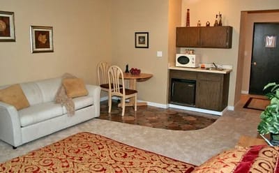 Cozy senior living apartment interior with kitchenette