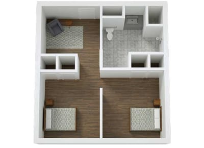Architectural floor plan of a shared living unit