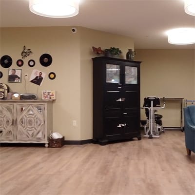 Interior common area with record decorations and furniture