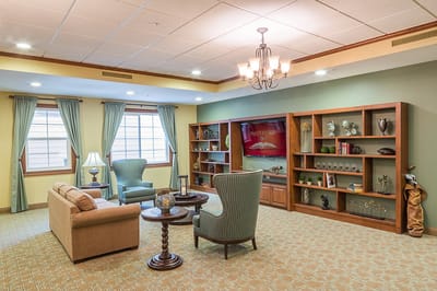 Interior lounge area with comfortable seating and decor