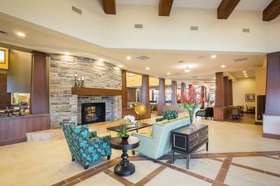 Interior common area with seating and fireplace