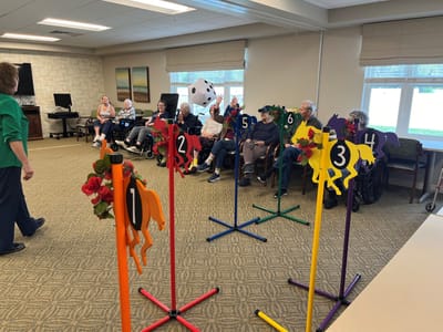 Residents participating in a lively activity game inside the facility