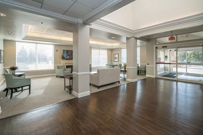 Bright and welcoming lobby area of a senior living facility