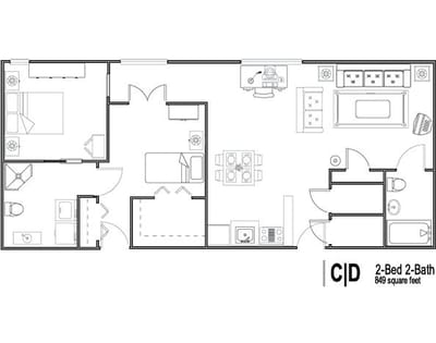 Architectural floor plan for a 2-bedroom apartment
