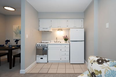 Cozy kitchen area in a senior living apartment