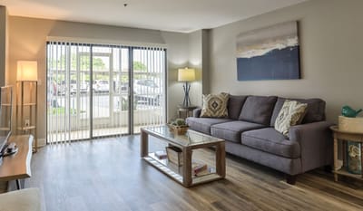 Cozy living room area with a sofa and natural light