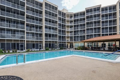 Outdoor view of a pool area at Sun Towers Retirement Community