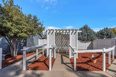 Pathway through a landscaped outdoor area with trellis