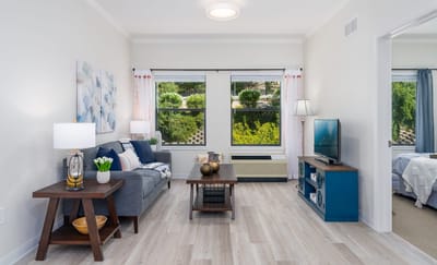 Bright living area in a senior community apartment