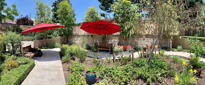 A serene outdoor garden area with umbrellas and seating
