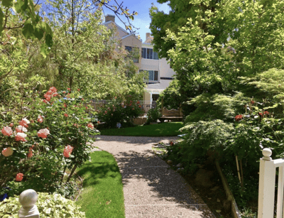 Pathway through a landscaped garden outside the facility