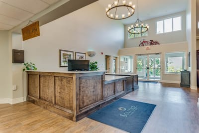 Interior view of the business reception area with seating