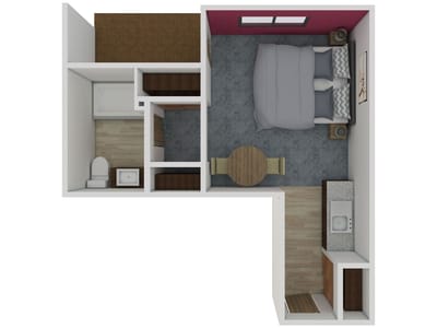 Architectural floor plan of a one-bedroom unit