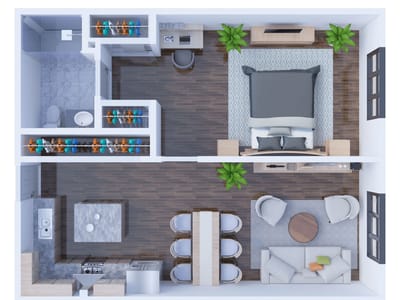 Aerial view of a spacious apartment layout