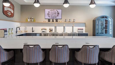 Interior view of a modern dining area with bar
