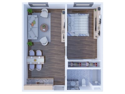Floor plan of a senior living unit with living and bedroom areas