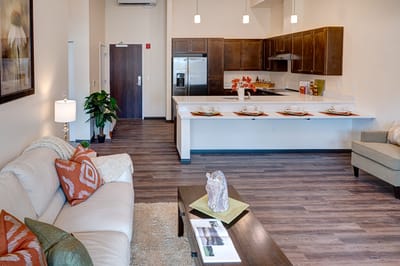 A modern interior view of a senior living unit