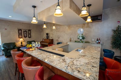 Cozy dining area with food and drinks available