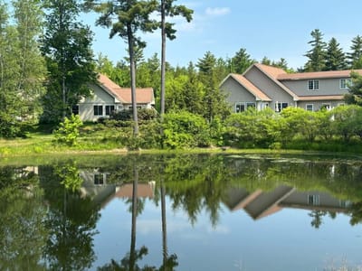 Scenic view of buildings reflecting in a pond