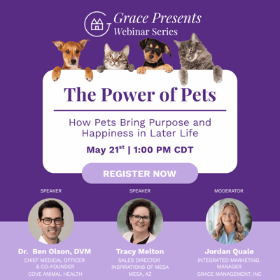 Promotional graphic for a webinar on the benefits of pets in later life