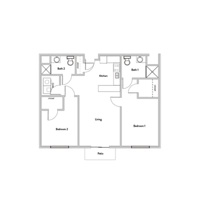 Architectural floor plan of a two-bedroom unit