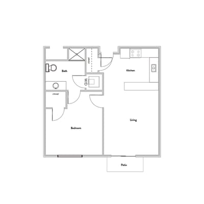 Architectural floor plan of a one-bedroom unit