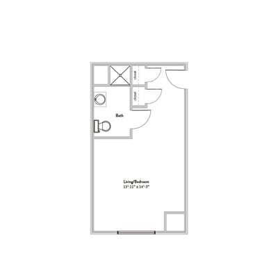 Detailed floor plan of a living room/bedroom