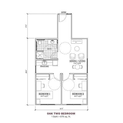 Architectural floor plan of a two-bedroom unit