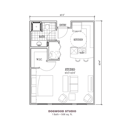 Architectural floor plan of a studio apartment layout
